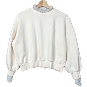 Le-vely Cream Cute Fleece Lace Crewneck Casual Sweatshirt Women One Size